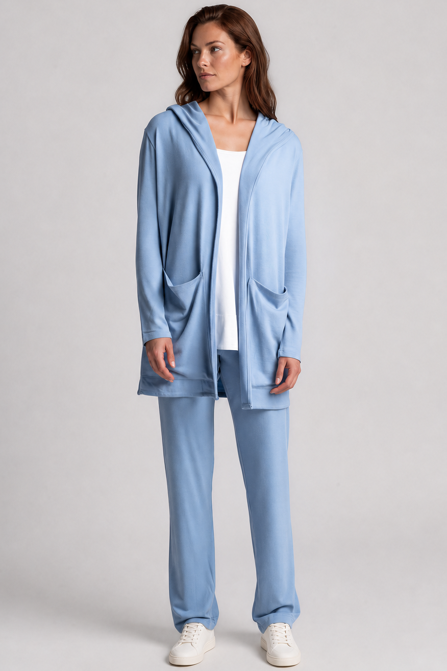 PAULA RYAN Hooded Cardigan with Pockets - Merino Cornflower