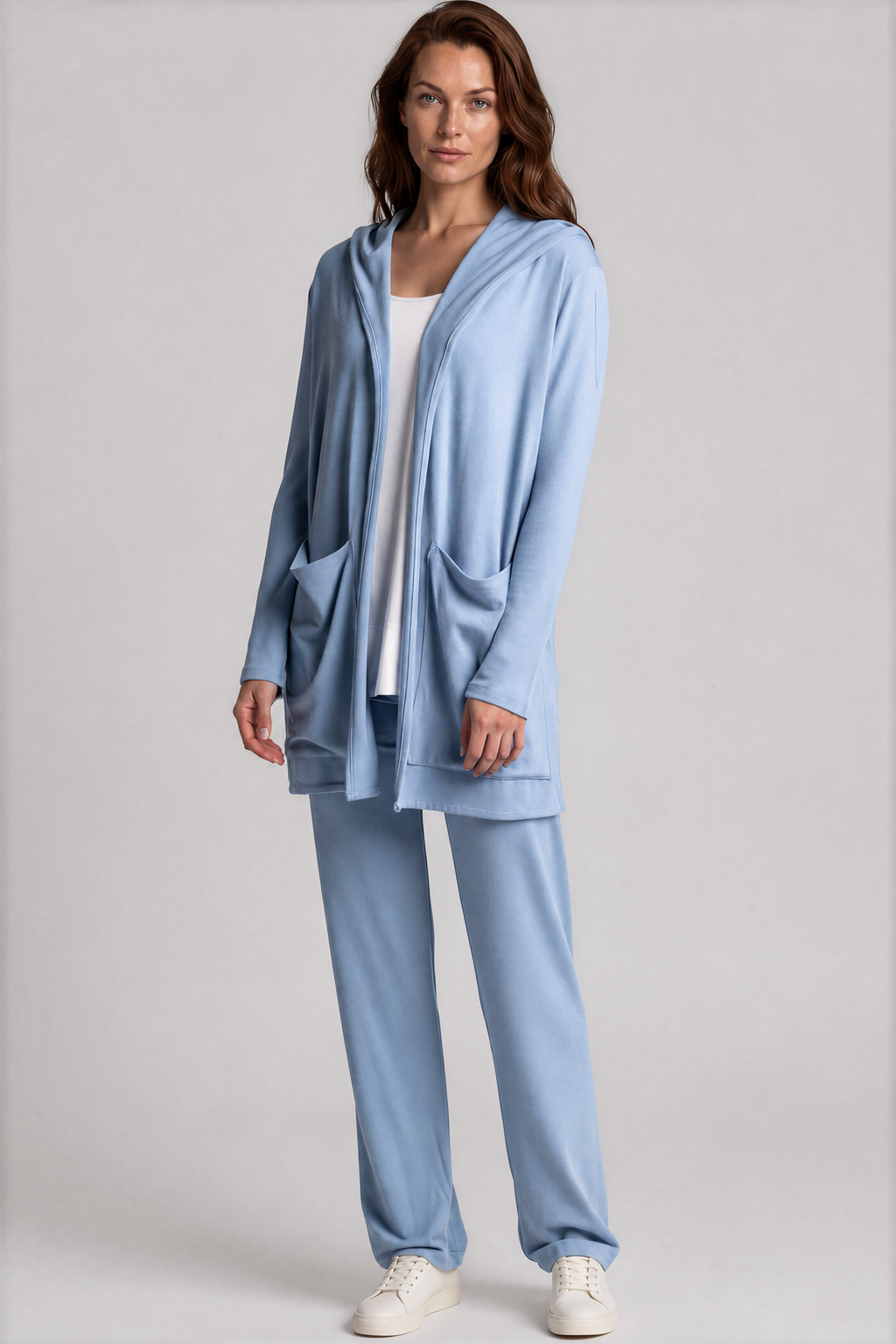 PAULA RYAN Hooded Cardigan with Pockets - Merino Cornflower