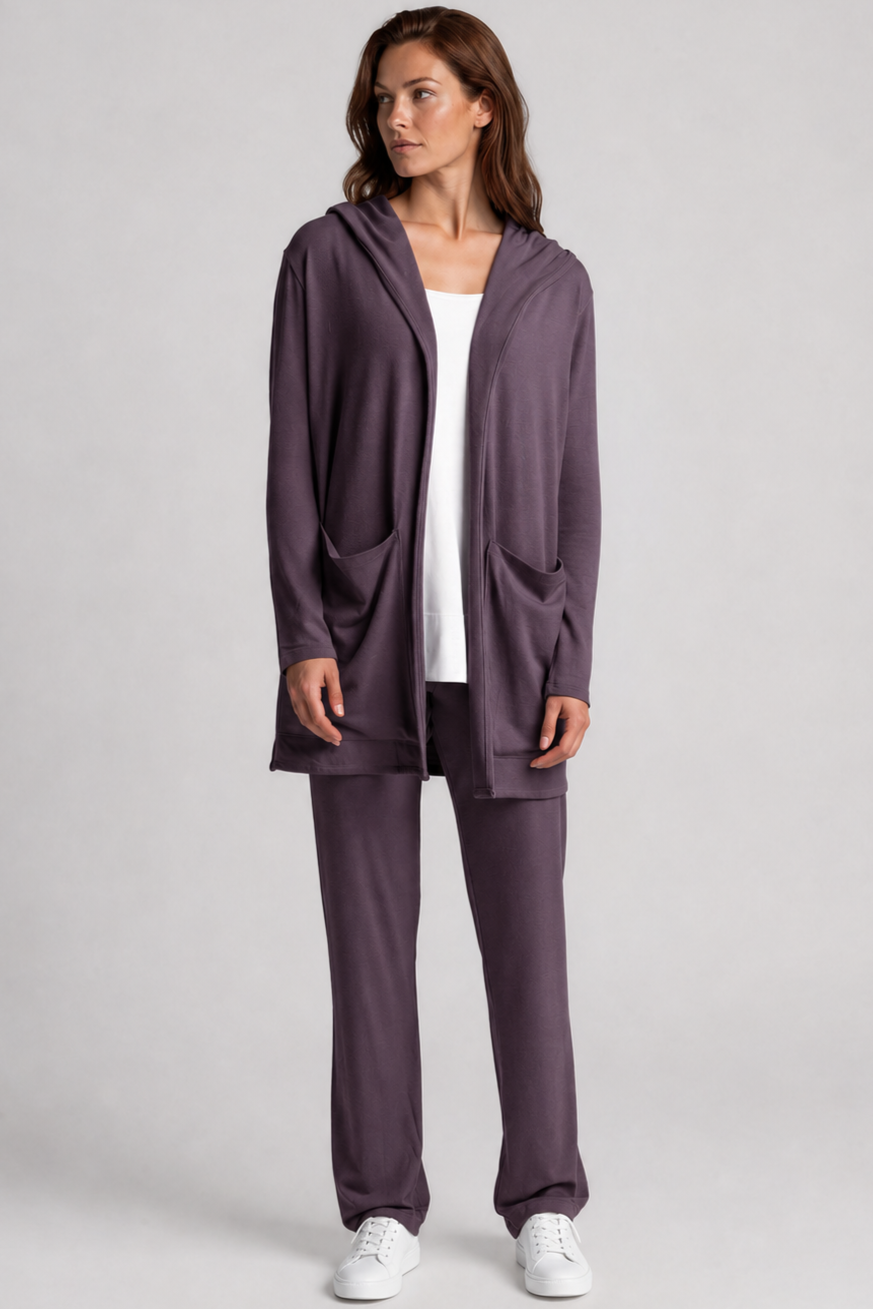 PAULA RYAN Hooded Cardigan with Pockets - Merino Cocoa Plum