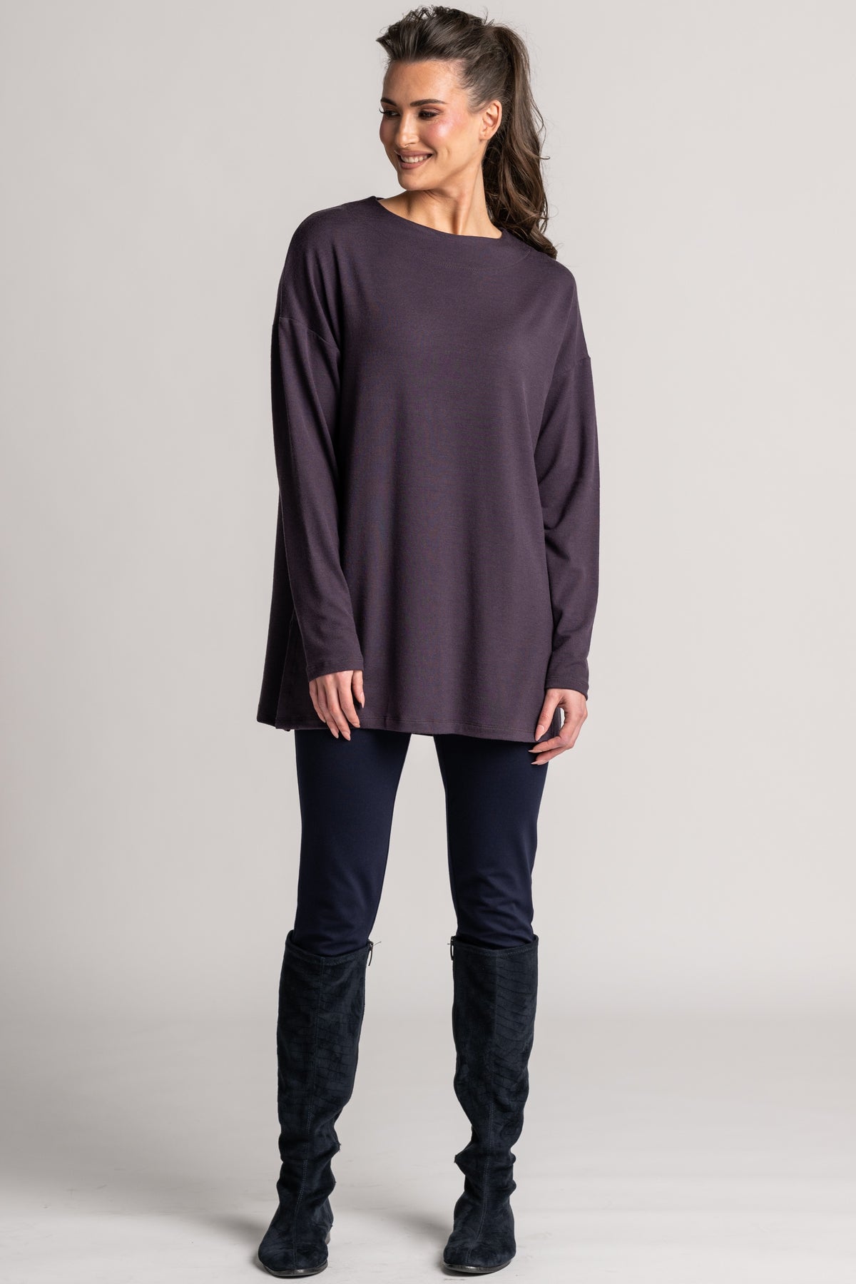 PAULA RYAN Relaxed Boat Neck Tunic - Cocoa Plum Merino