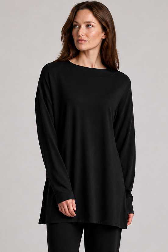 PAULA RYAN Relaxed Boat Neck Tunic - Black Merino