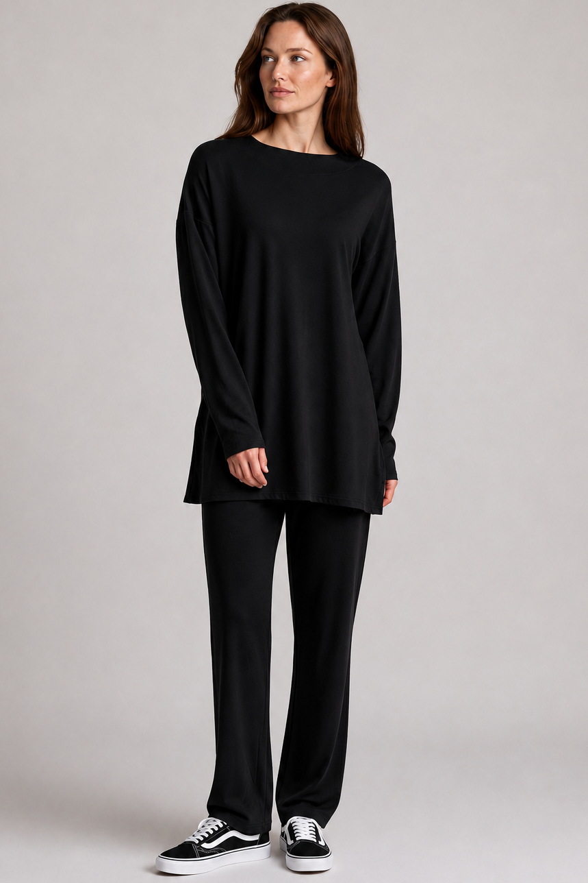 PAULA RYAN Relaxed Boat Neck Tunic - Black Merino
