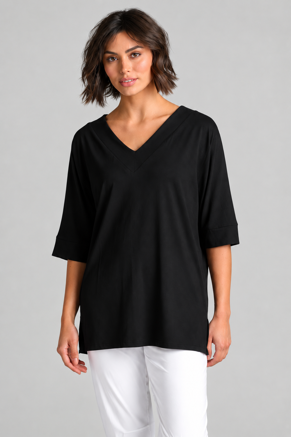 PAULA RYAN Long V Neck Relax Top - Black EcoVero