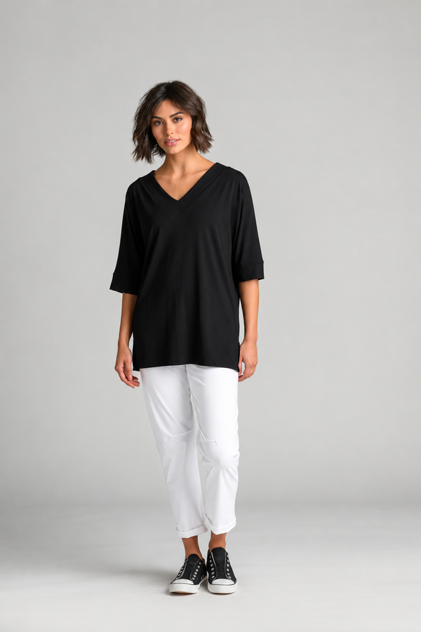 Paula Ryan B1031 Long V Neck Relaxed Top in Black, full length
