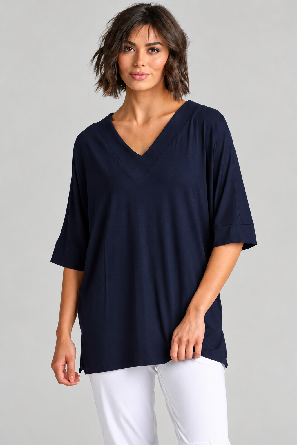Paula Ryan B1031 Long V Neck Relaxed Top in Navy, closer view 1