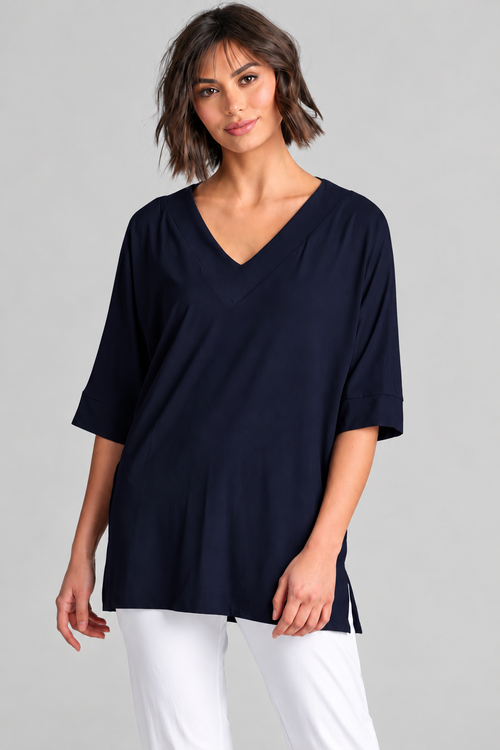 Paula Ryan B1031 Long V Neck Relaxed Top in Navy, closer view 3