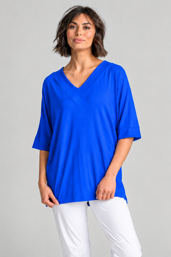 Paula Ryan B1031 Long V Neck Relaxed Top in Santorini, closer view 1