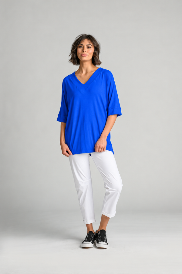 Paula Ryan B1031 Long V Neck Relaxed Top in Santorini, full length