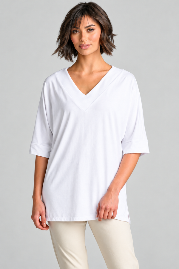 Paula Ryan B1031 Long V Neck Relaxed Top in White, closer view 1