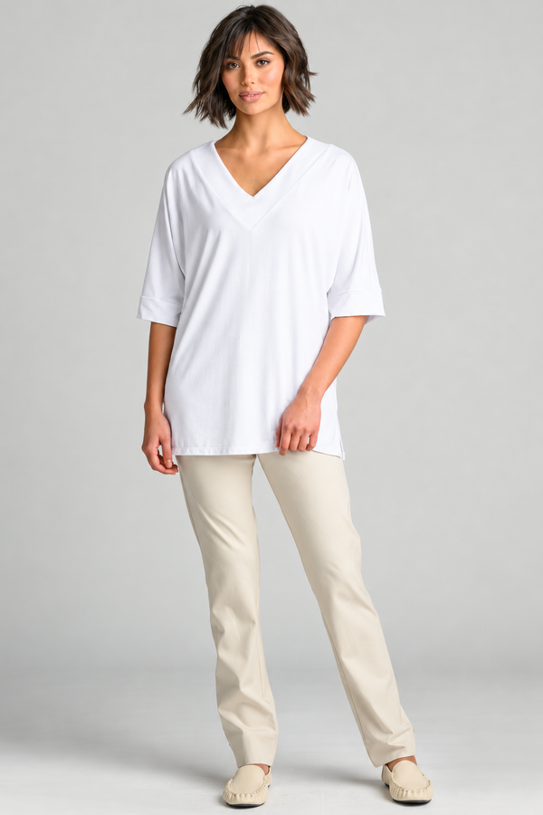 Paula Ryan B1031 Long V Neck Relaxed Top in White, full length