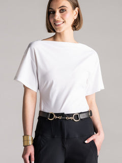PAULA RYAN Waisted Boat Neck Top Microjersey - White - Paula Ryan