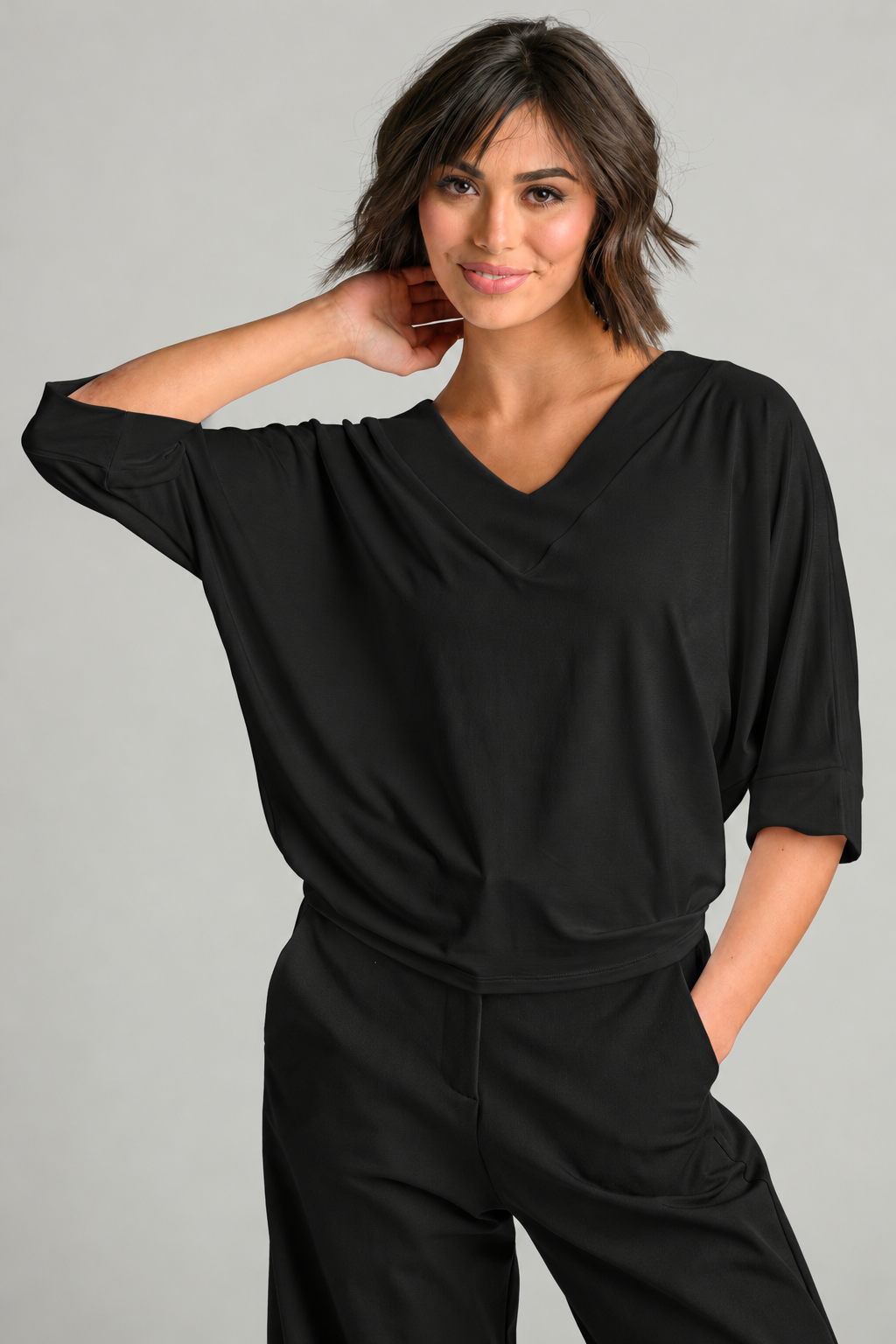 PAULA RYAN V Neck Cloud Top - Black EcoVero