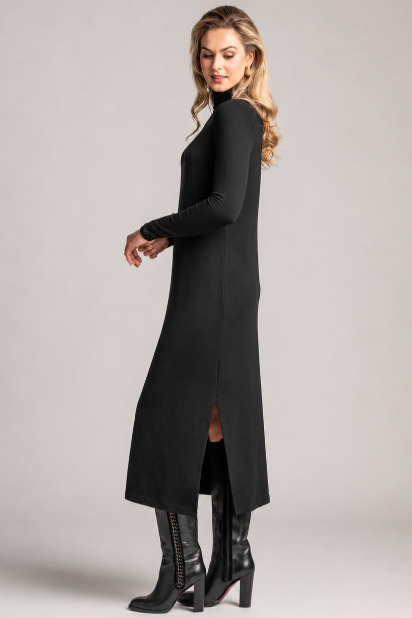 PAULA RYAN Polo Neck Sheath Dress - Black Merino