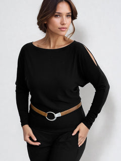PAULA RYAN Cold Shoulder Batwing Top Merino - Black - Paula Ryan