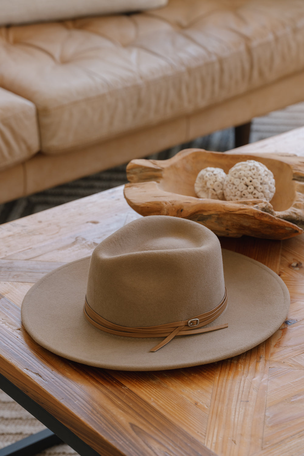 SUNDAISE - Tessa Wool Panama Hat - Stacked Trim Taupe
