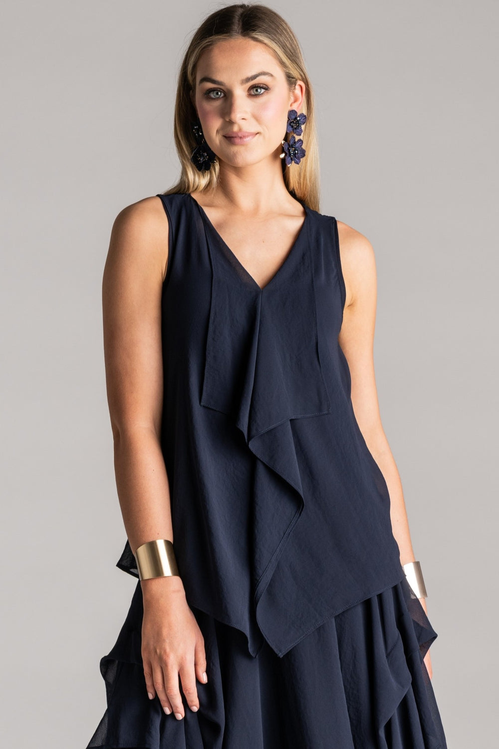 PAULA RYAN Chiffon Overlay Top - Navy