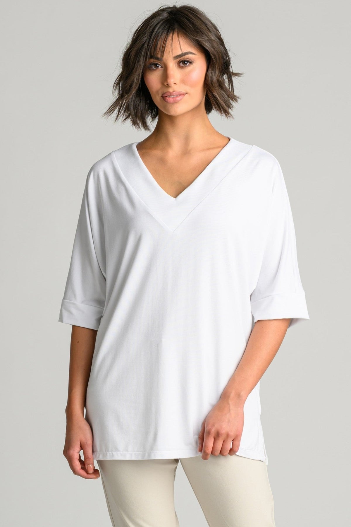 PAULA RYAN Long V Neck Relaxed Top - White EcoVero