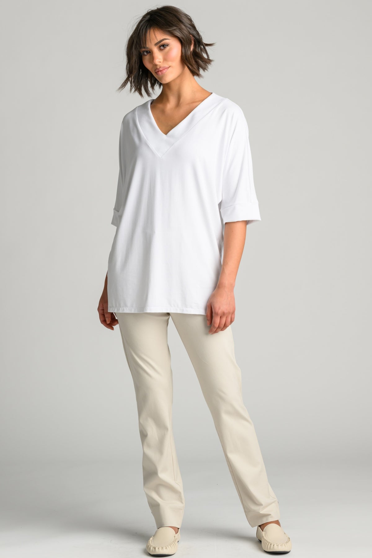 PAULA RYAN Long V Neck Relaxed Top - White EcoVero