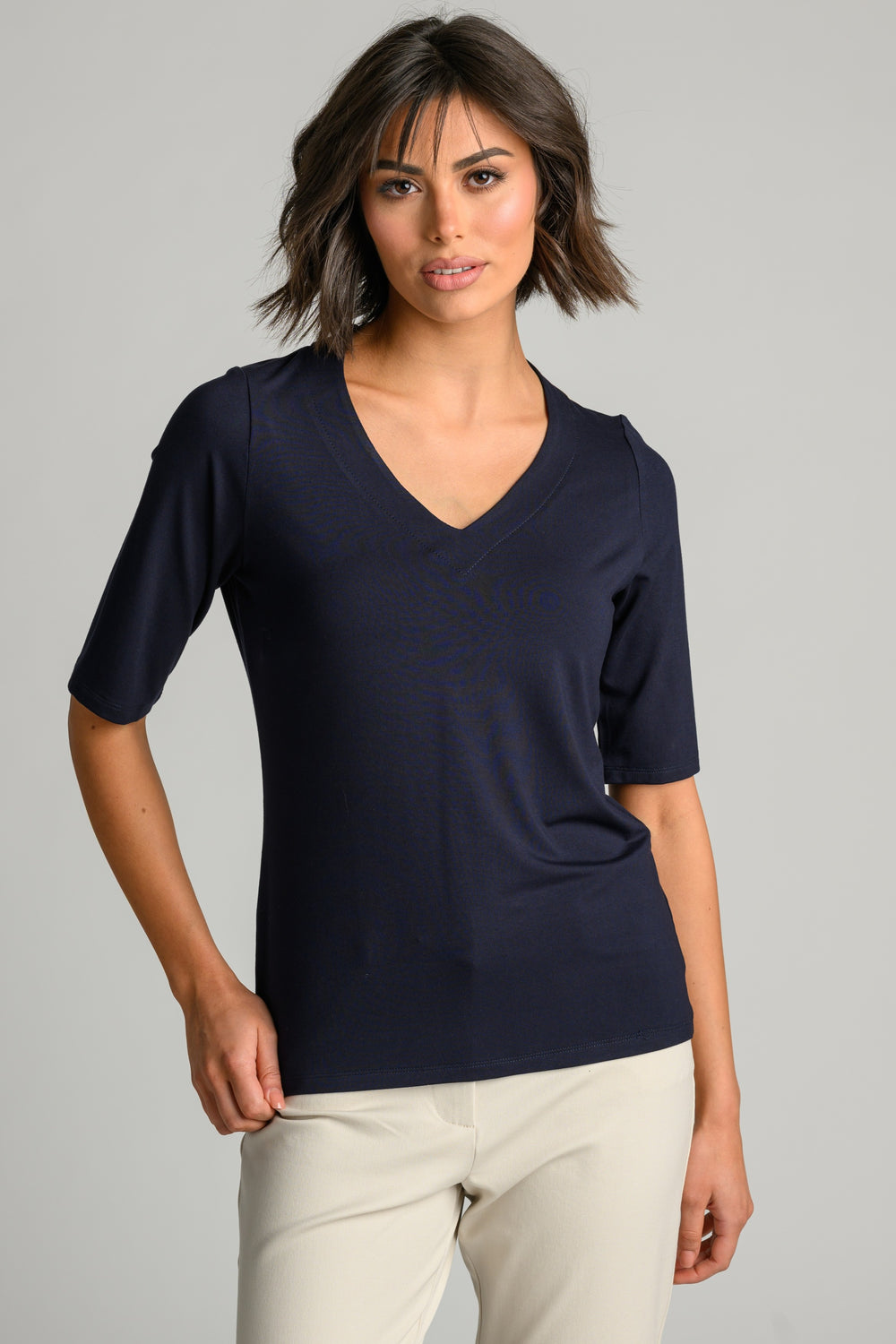 PAULA RYAN Easy Fit Half Sleeve V Neck Top - Navy EcoVero