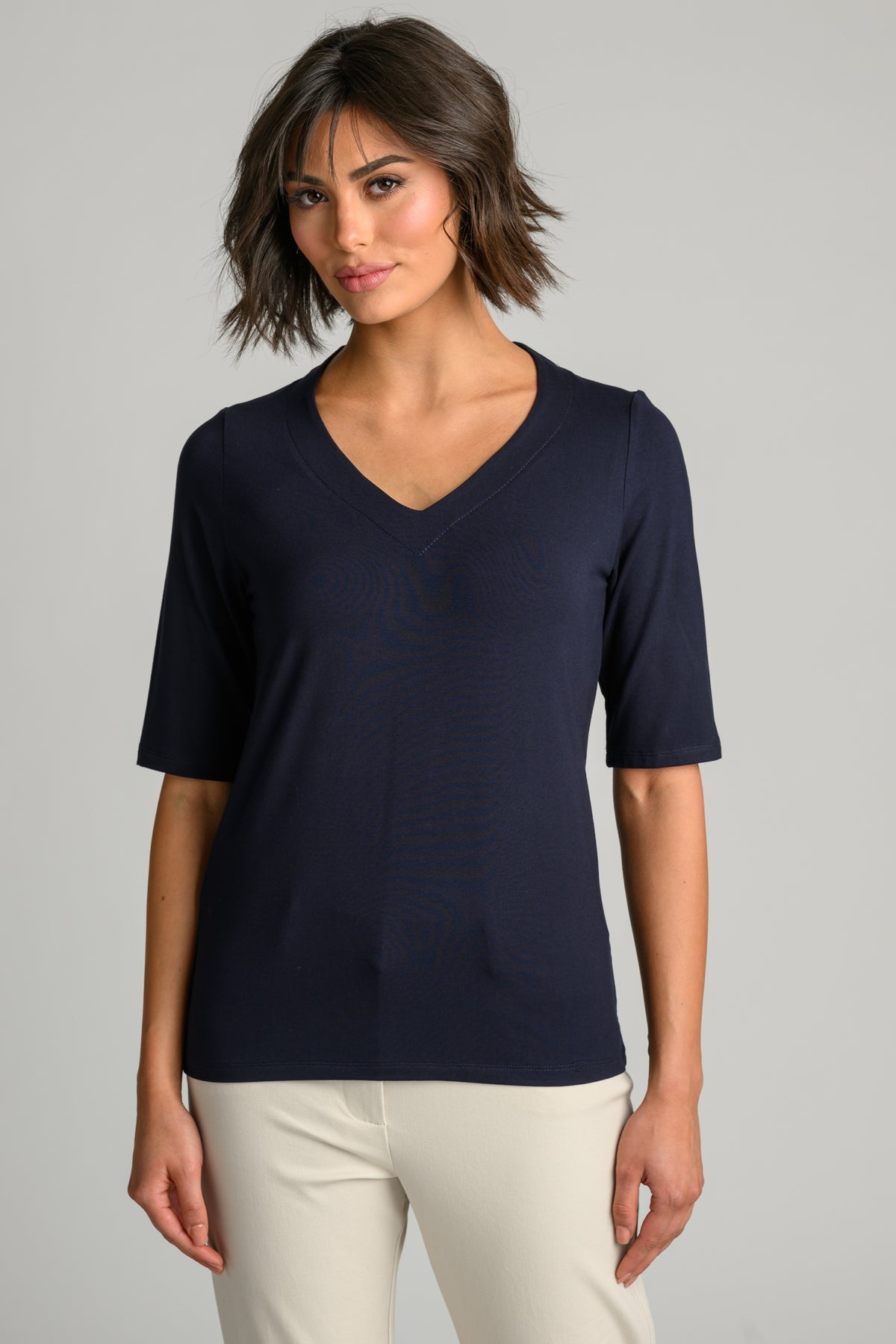 PAULA RYAN Easy Fit Half Sleeve V Neck Top - Navy EcoVero