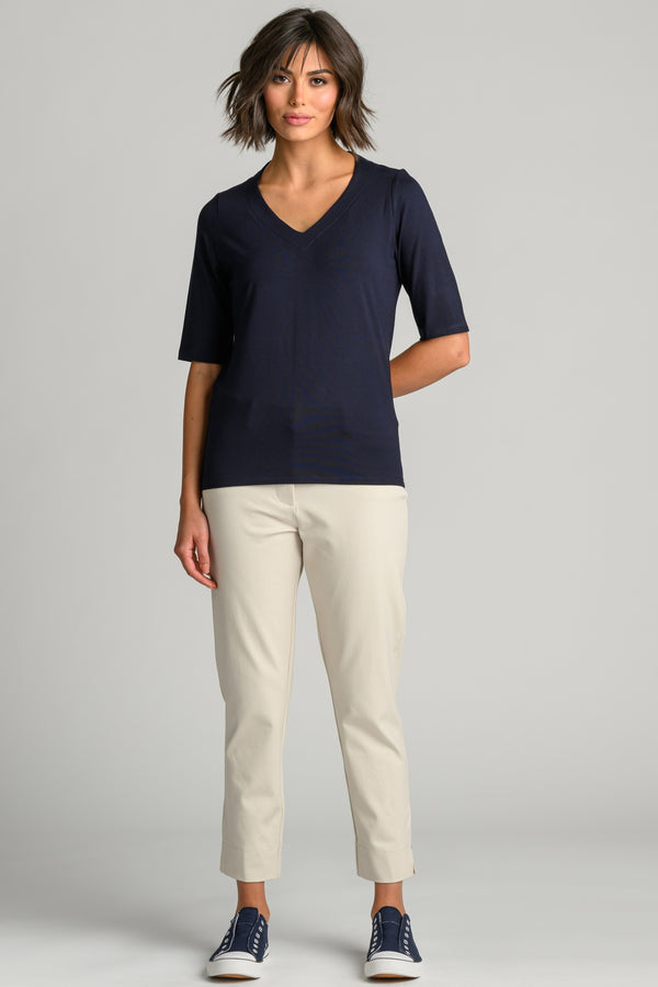 PAULA RYAN Easy Fit Half Sleeve V Neck Top - Navy EcoVero