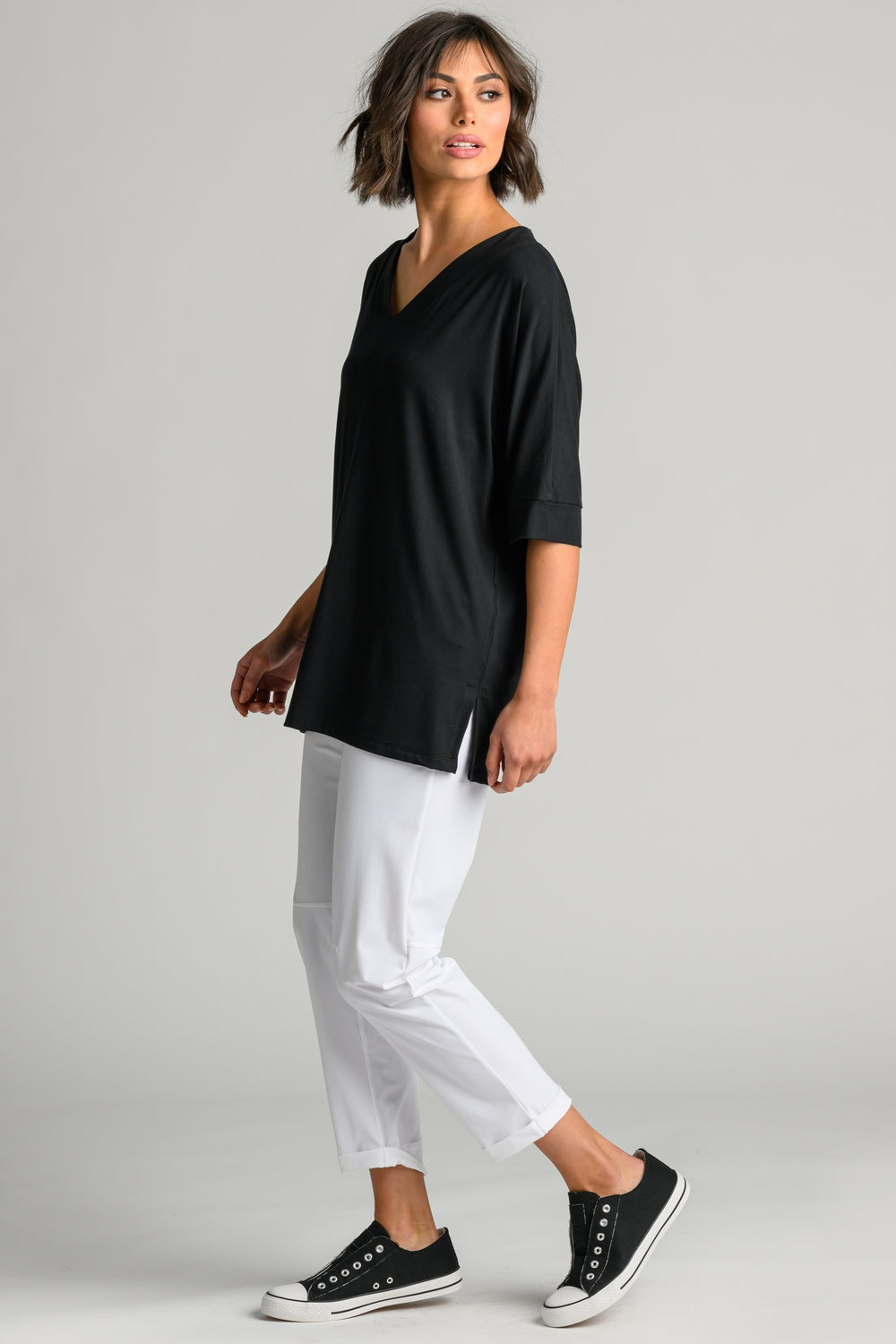 PAULA RYAN Long V Neck Relax Top - Black EcoVero