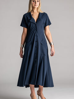 PAULA RYAN Long Cuffed Shirt Dress Microjersey - Shadow Blue PRE ORDER - Paula Ryan