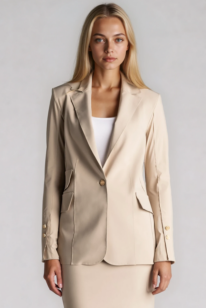 PAULA RYAN Long-line Boyfriend Jacket - Microjersey Warm Sand - Paula Ryan