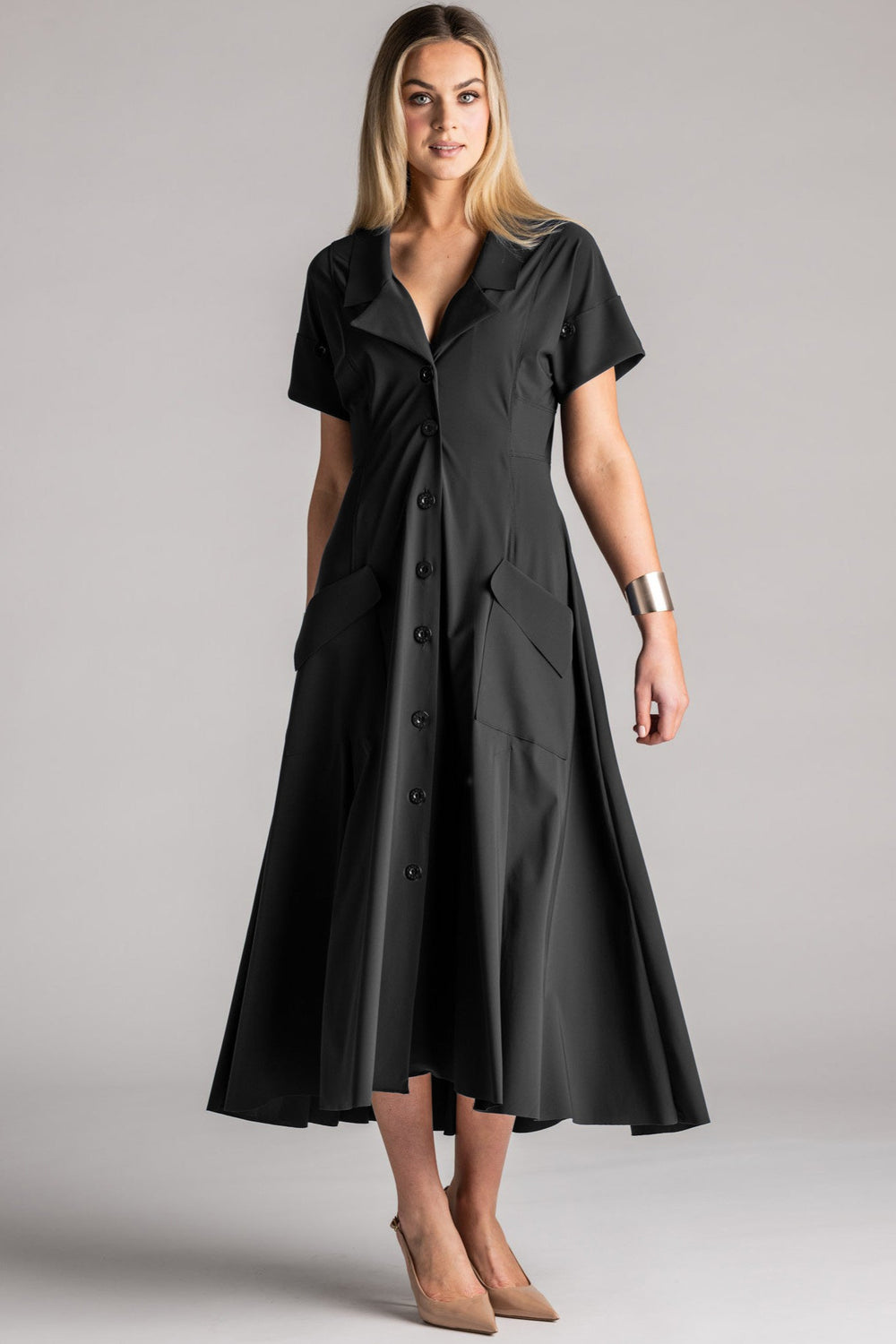 PAULA RYAN Long Cuffed Shirt Dress Microjersey