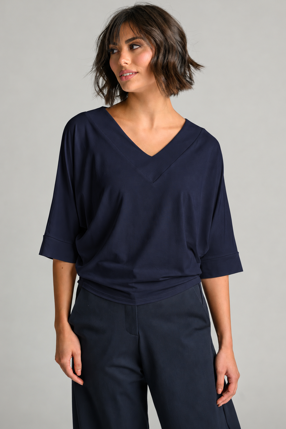 PAULA RYAN V Neck Cloud Top - Navy EcoVero
