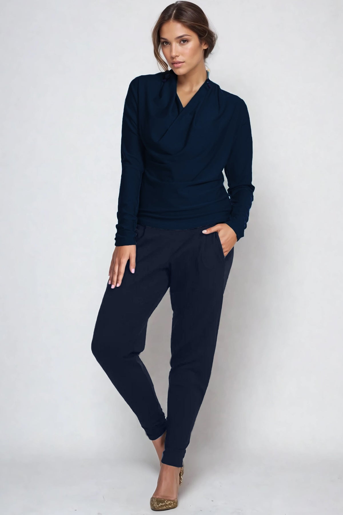 PAULA RYAN ESSENTIALS Ankle Pleat Merino Basque Pant - Navy - Paula Ryan