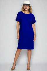 PAULA RYAN Ruched Sleeve Dress - Greek Blue Microjersey