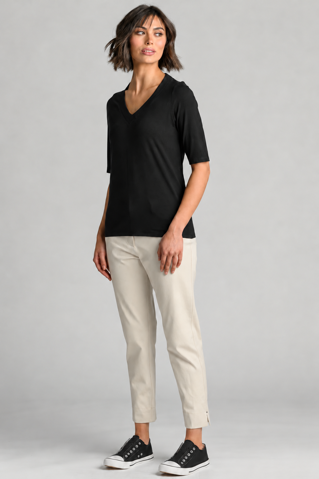 PAULA RYAN Easy Fit Half Sleeve V Neck Top - Black EcoVero