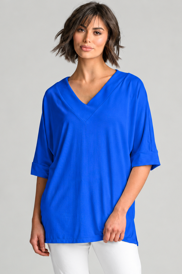 PAULA RYAN Long V Neck Relaxed Top - Santorini EcoVero