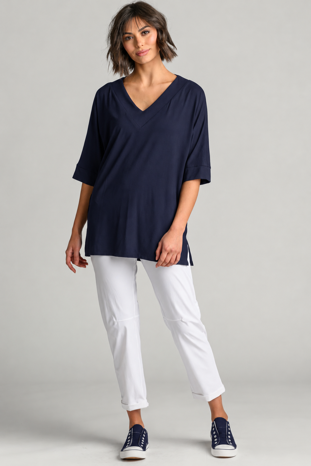 Long V Neck Relax Top - Navy EcoVero