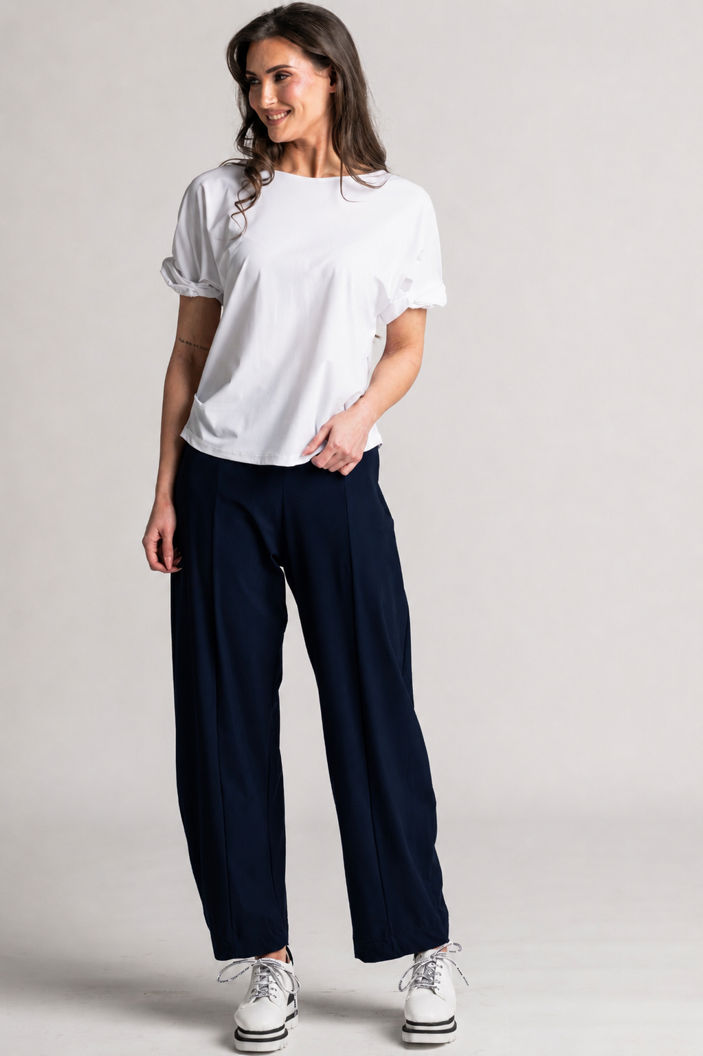 PAULA RYAN Side Zip Barrel Pant - Navy Microjersey