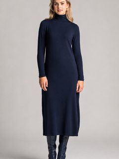 PAULA RYAN Polo Neck Sheath Dress - Navy Merino