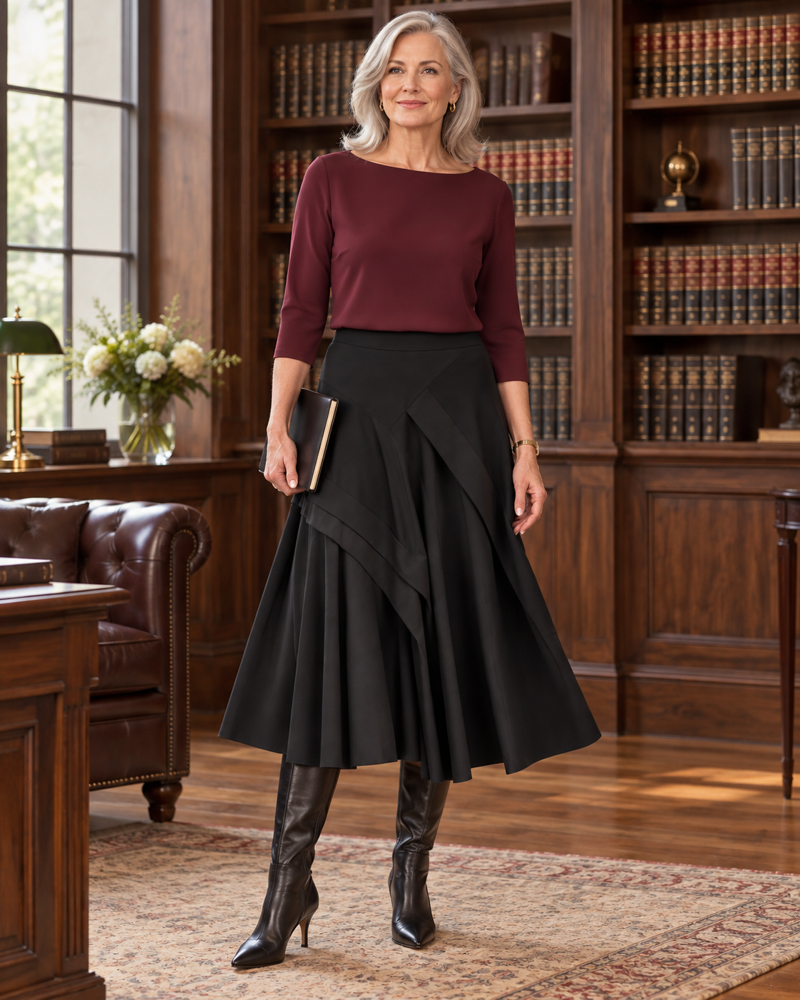 Black Waterfall Skirt with a burgundy blouse and heeled boots in a wood-lined library
